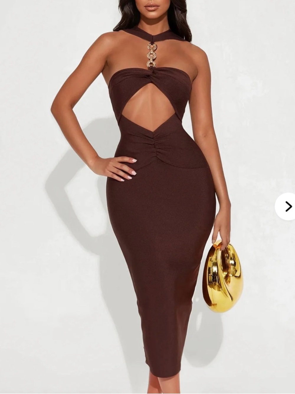 Fashion Nova Brown Cutout Midi Dress with Gold Accent Choker